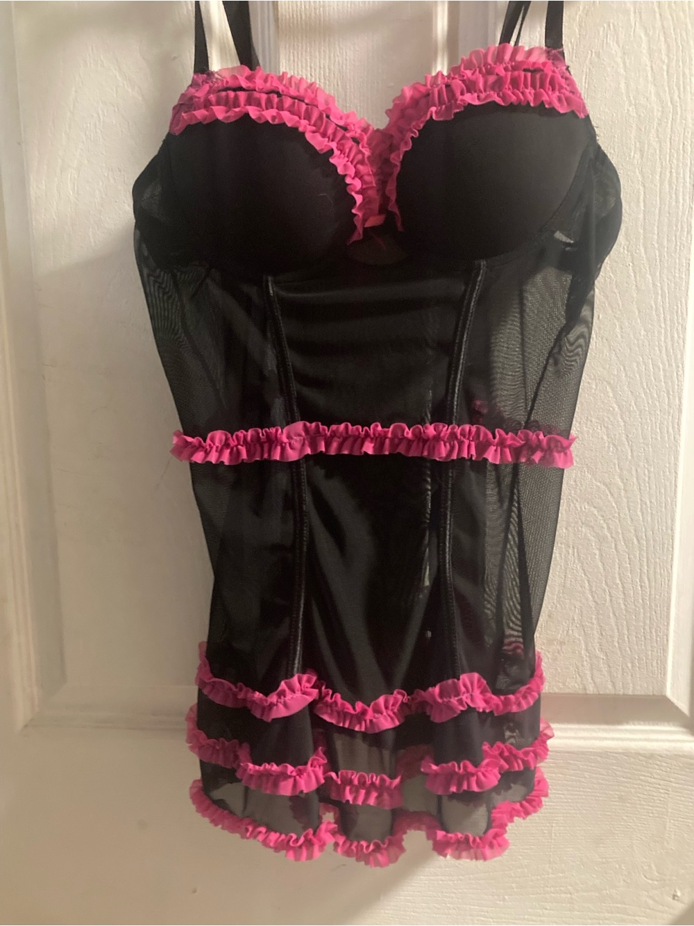 Women’s Black Mesh Babydoll with Pink Ruffle Trim